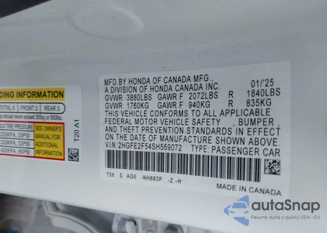 2025 Honda Civic Sport from USA, damaged, VIN 2HGFE2F54SH569072